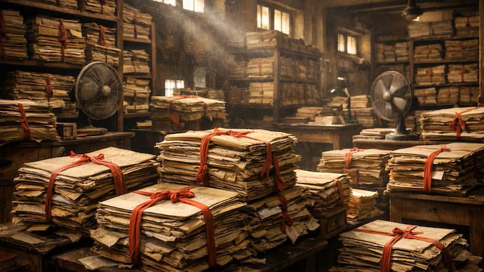A file room before file folders and file cabinets had been invented.
